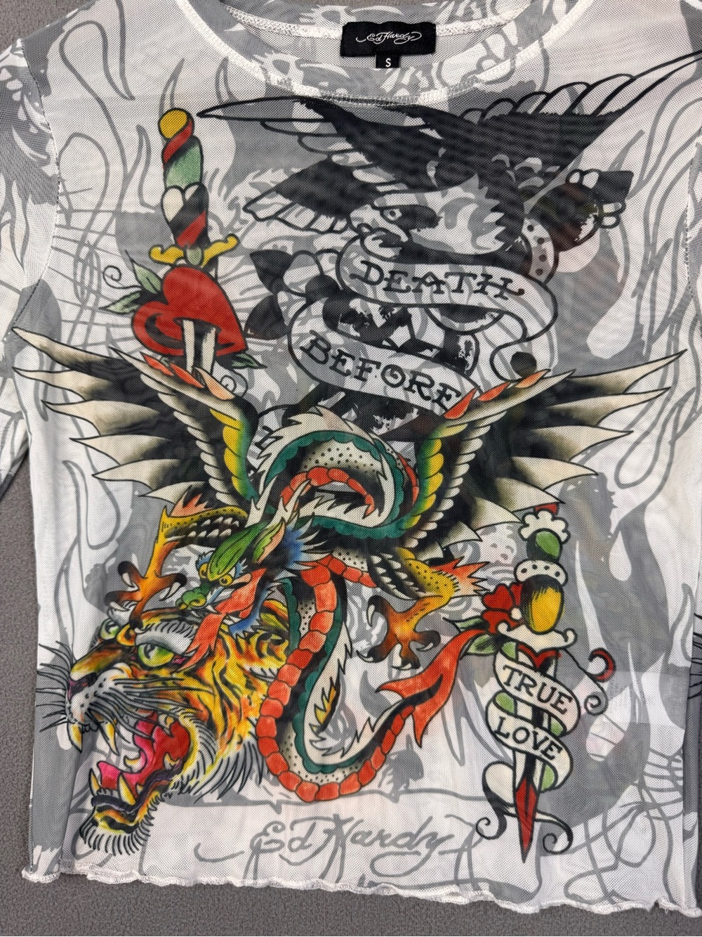 Ed Hardy Y2K Style Tattoo Mesh Long Sleeve Crop Top, Sheer Before Death Design S - Picture 6 of 16